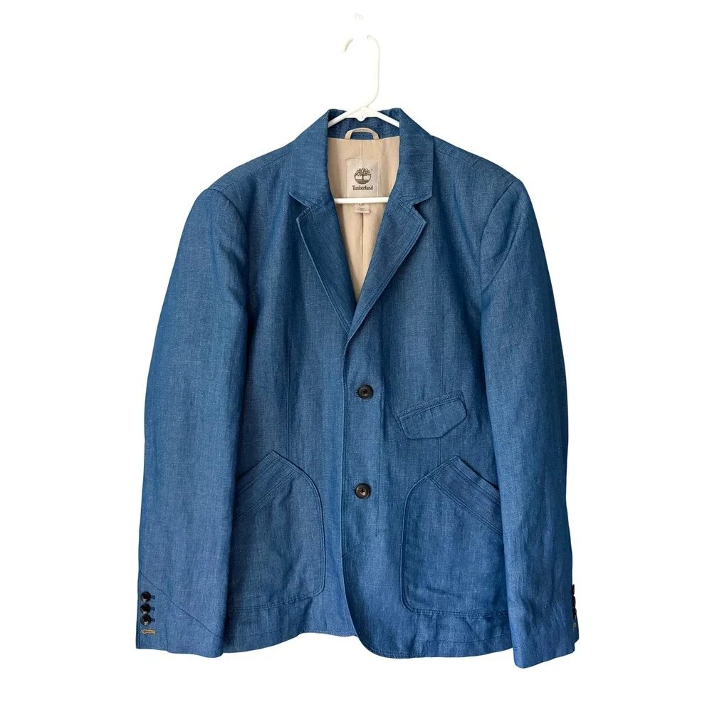 Timberland Men's Blazer Sport Coat Japanese Denim Linen Cotton Blue Large
